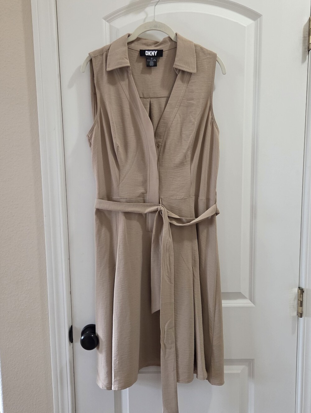 DKNY Sleeveless Shirt Dress in Beige Khaki